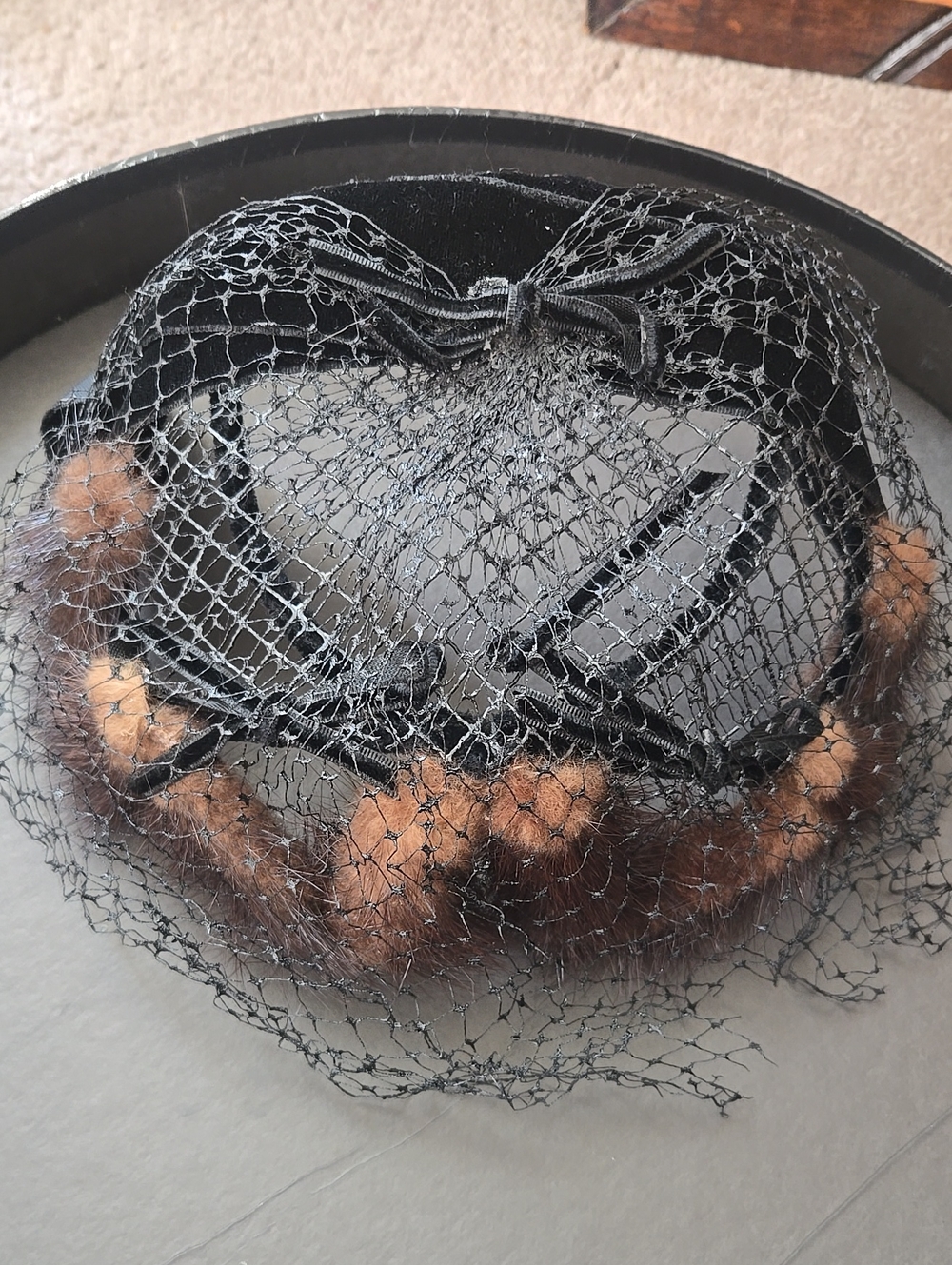 Vintage Black Veil Velvet Hat with Brown Fur Accents